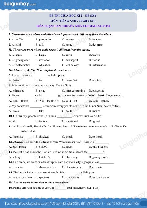 Đề thi giữa kì 2 Tiếng Anh 7 Right on! - Đề số 6